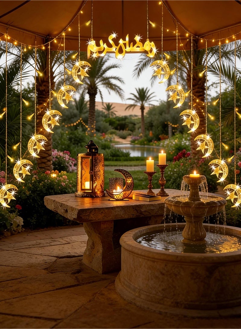 توبيتش أضواء زينة رمضان، 12 سلسلة على شكل قمر ونجوم وعلامة رمزية لرمضان أضواء رمضان السحرية بـ 8 أوضاع، زينة معلقة للمنزل وغرفة النوم والجدار والشرفة والنوافذ - Image 1